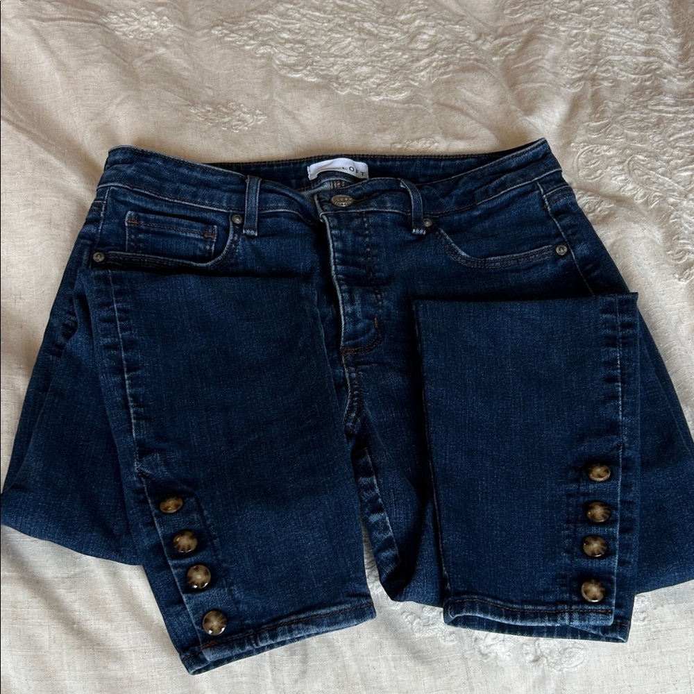 LOFT Dark Blue Cropped Jeans with Button Accents
